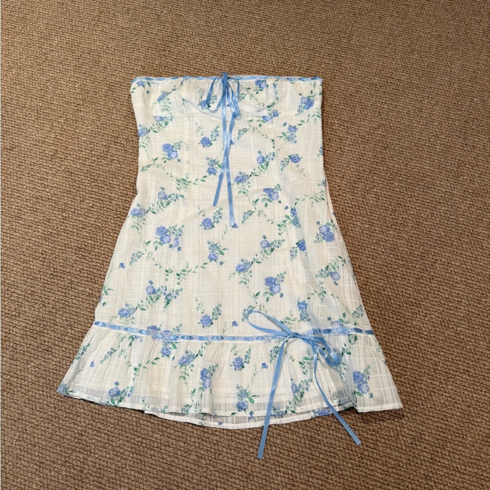 Sky To Moon Floral Strapless Dress with Blue Accents